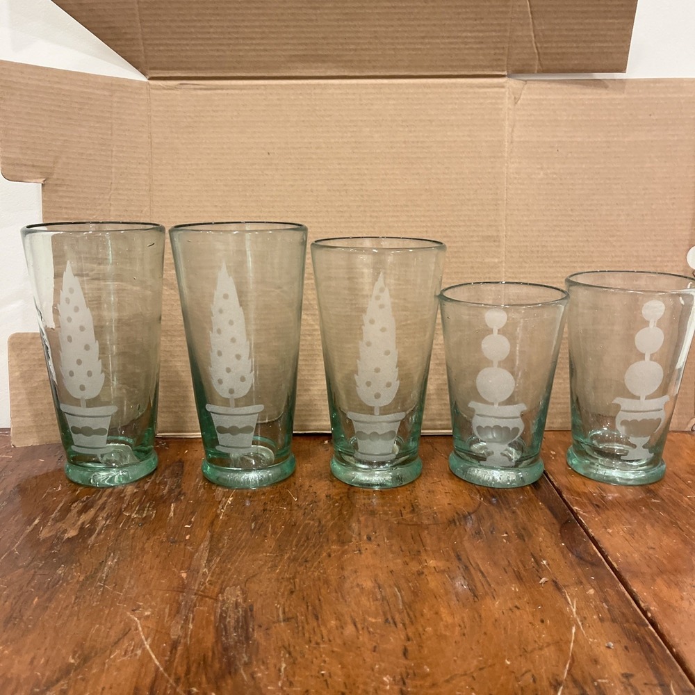 5 Recycled Glass Bottle Light Green Etched Topiary Drinking Glasses Set Unique
